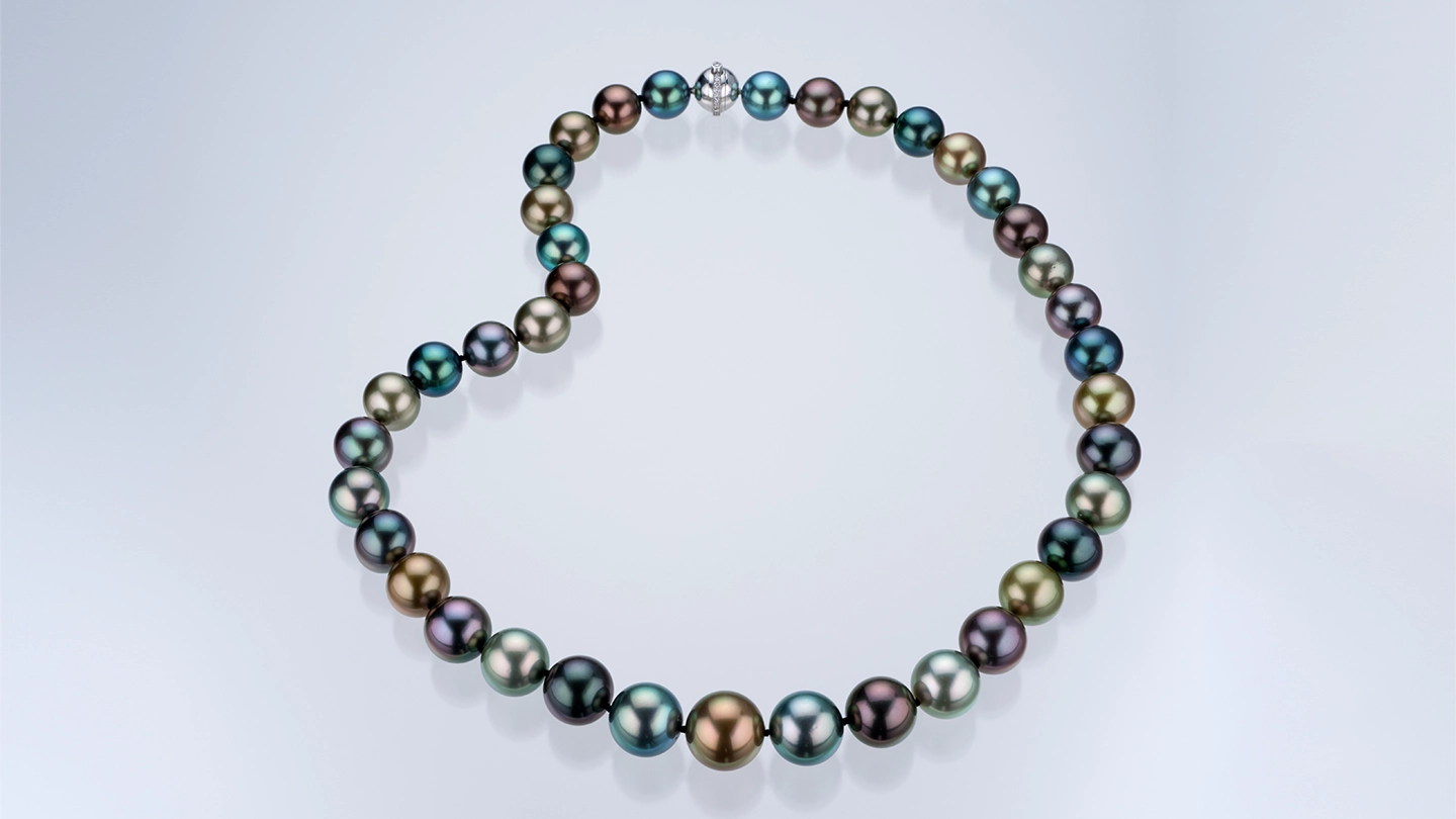 Multicolored Tahitian pearl necklace strand.