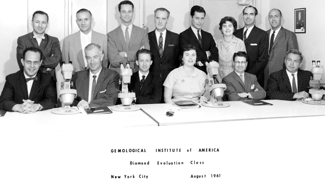 GIA Diamond Evaluation Class, NYC, August 1961. Left to right: front row - Al Berger, Harry Ward, Jean Claude River, Helene Fortunoff, George Crevier, Martin Busch. Standing - Harold Smith, William Heitz, Charles Syer, Noel Murphy, Lee Runsdorf, Eunice Miles, Robert Crowningshield, Bert Krashes.