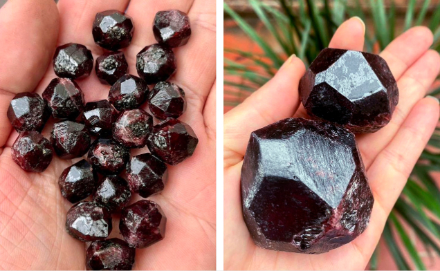 The trapezohedral habit of garnet from Phu Tho. The trapezohedral habit is suitable for cutting as cabochons or beads, while the elongated habit (not shown) would be appropriate for carving. Photos by Nguyen Thanh Nhan.