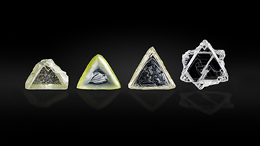 Examples of contact-twinned macle diamond crystals from South Africa. Left to right: a flat triangular macle with limited resorption (sample 11; 0.357 ct); an extensively resorbed variant of a flat triangular macle (sample 12; 0.411 ct); a very elongated flat macle with stacking growth layers on the octahedral faces, showcasing sharp edges and pointed apex corners (sample 13; 0.553 ct); a six-pointed star-shaped, poorly resorbed flat macle (sample 14; 0.747 ct). Photo by Tetsuya Chikayama; courtesy of Suwa & Son, Inc.