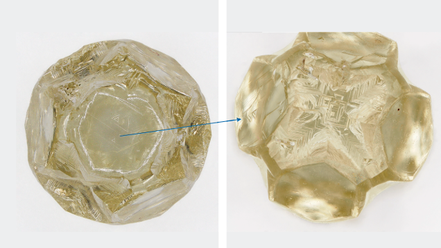 This 3.49 ct yellow diamond with a diameter of ~7 mm exhibits a unique shape due to a combination of growth and dissolution features. Right: Tetragonal etch pits suggesting dissolution on cubic faces of initial habit. Photos by Cristiano Ferraris. This 3.49 ct yellow diamond with a diameter of ~7 mm exhibits a unique shape due to a combination of growth and dissolution features. Right: Tetragonal etch pits suggesting dissolution on cubic faces of initial habit. Photos by Cristiano Ferraris.