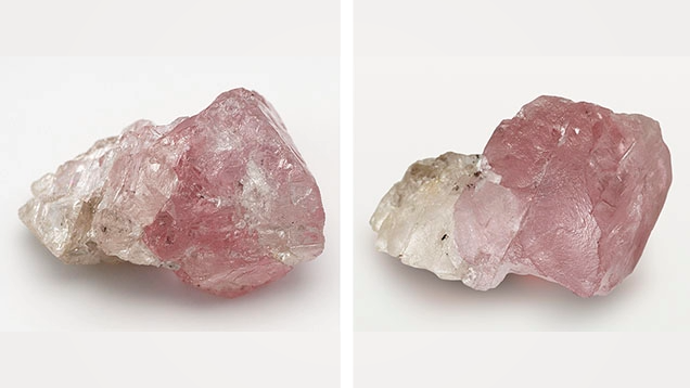This 37.41 ct rough diamond has distinct pink and colorless zones. Photos by Tebogo Hambira. This 37.41 ct rough diamond has distinct pink and colorless zones. Photos by Tebogo Hambira.