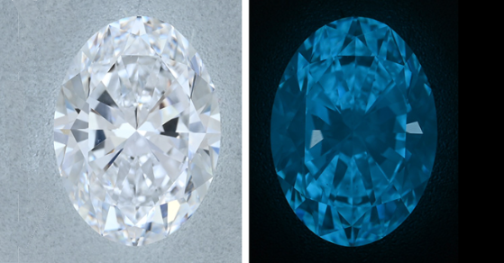 The 2.50 ct diamond under white LED lighting of 6500 K (left) and in a dark environment around 10 s after deep-UV excitation to showcase its phosphorescence (right). Photos by Nick “Ka Chun” Chan. The 2.50 ct diamond under white LED lighting of 6500 K (left) and in a dark environment around 10 s after deep-UV excitation to showcase its phosphorescence (right). Photos by Nick “Ka Chun” Chan.