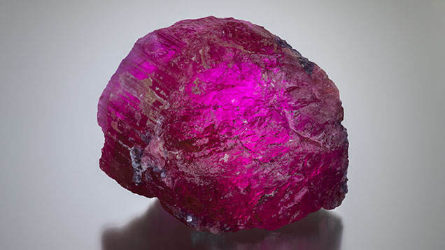 Figure 2. Rubellite tourmaline rough (440 g) from one of the Tourmaline King mine’s new pockets. Photo by Robert Weldon; courtesy of Pala International. Figure 2. Rubellite tourmaline rough (440 g) from one of the Tourmaline King mine’s new pockets. Photo by Robert Weldon; courtesy of Pala International.