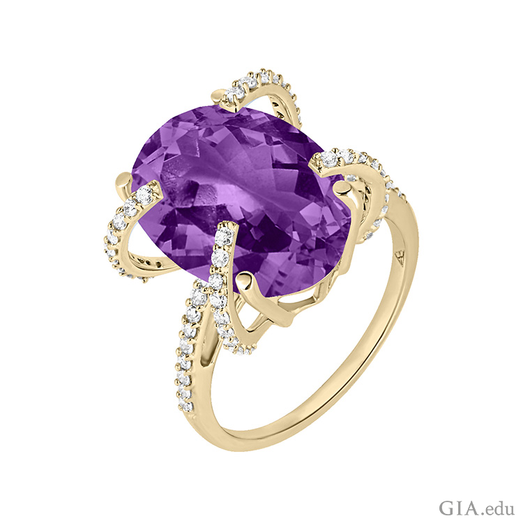 This ring features the February birthstone, an oval cut amethyst set in recycled 18k gold with diamonds.