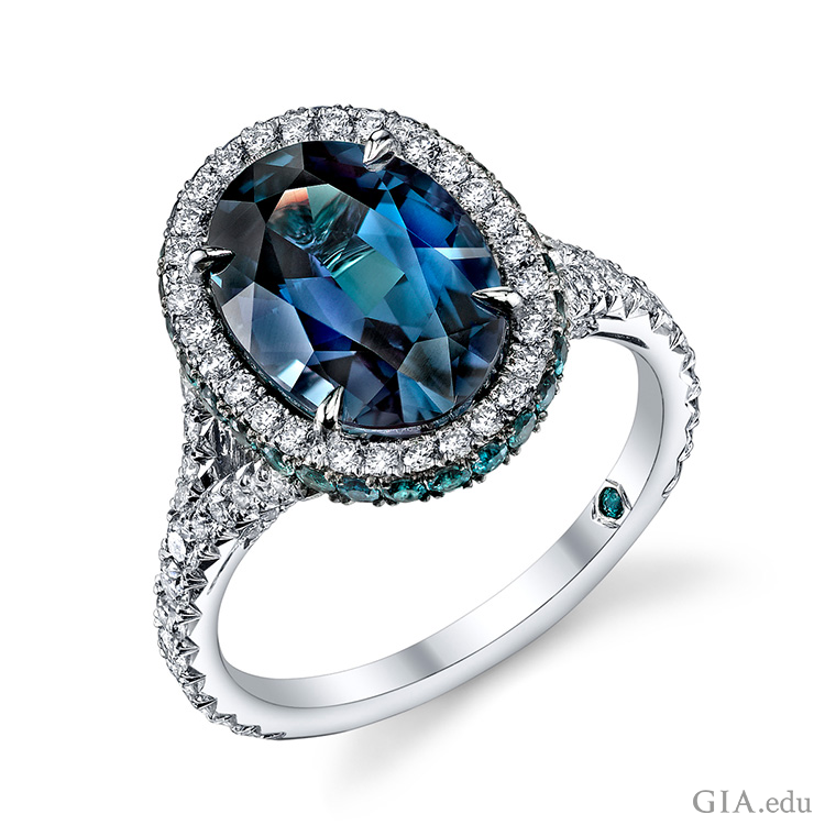 Alexandrite and diamond ring handcrafted with a 5.16 carat oval alexandrite center stone accented with 0.57 carats of round alexandrites and 0.74 carats of brilliant diamond rounds set in platinum. RO1005-ALOV - Platinum, Alexandrite, Oval, 5.16ct. Courtesy: Omi Privé