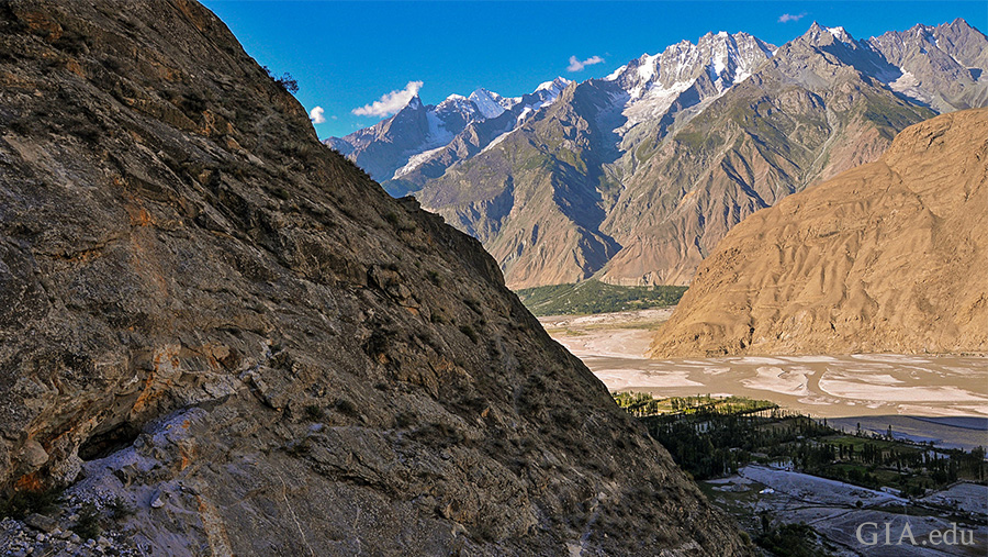 Landscape of Pakistan’s Shigar Valley between steep mountains where the March birthstone aquamarine mines are found. Landscape of Pakistan’s Shigar Valley between steep mountains where the March birthstone aquamarine mines are found.