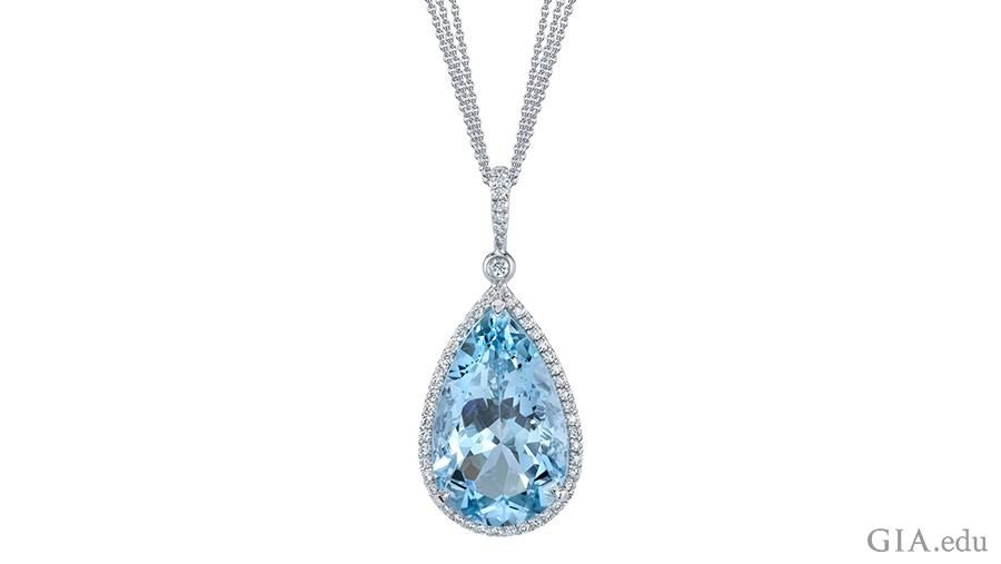 The March birthstone is the focal point of this necklace with a 10.06 carat pear shaped aquamarine surrounded by 72 round diamonds set in platinum. The March birthstone is the focal point of this necklace with a 10.06 carat pear shaped aquamarine surrounded by 72 round diamonds set in platinum.