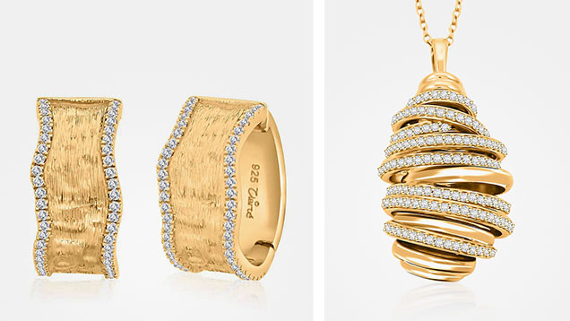 Figure 1. Moissanite earrings (left) and pendant (right) in vermeil yellow gold over sterling silver from Shop LC’s Clarté Dorma collection, made in Jaipur, India. Courtesy of Shop LC.