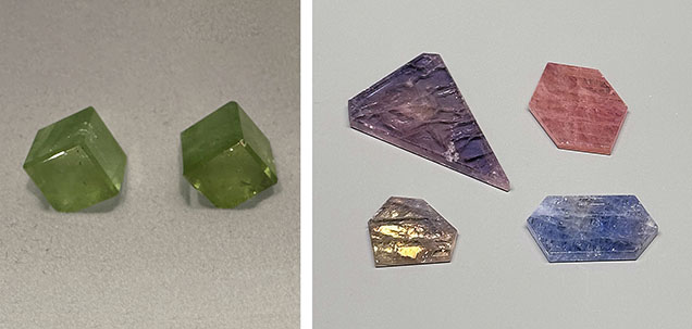 Figure 10. Left: A pair of 7.5 mm tourmaline cubes totaling 12.14 carats. Photo by Lisa Kennedy; courtesy of M.T. Mohr. Right: Natural sapphire slabs from Umba Valley in Tanzania ranging from 7.73 ct (yellow) to 26.40 ct (purple). Photo by Jennifer Stone-Sundberg; courtesy of Misfit Diamonds.