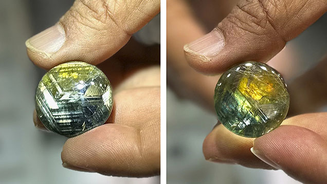 Figure 2. A gold sheen sapphire showing its yellow and blue color banding (left) and translucency with illumination from the back (right). Photos by Jennifer Stone-Sundberg; courtesy of Genuine Gems & Jewellery. Figure 2. A gold sheen sapphire showing its yellow and blue color banding (left) and translucency with illumination from the back (right). Photos by Jennifer Stone-Sundberg; courtesy of Genuine Gems & Jewellery.