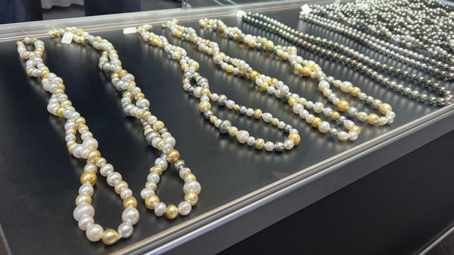 Figure 4. Many vendors offered necklaces showcasing a variety of white and golden South Sea cultured pearls, attractively arranged with dark Tahitian cultured pearls. Photo by Artitaya Homkrajae; courtesy of Mastoloni. Figure 4. Many vendors offered necklaces showcasing a variety of white and golden South Sea cultured pearls, attractively arranged with dark Tahitian cultured pearls. Photo by Artitaya Homkrajae; courtesy of Mastoloni.
