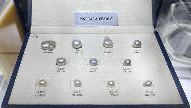 Figure 5. An assortment of large size and high-quality natural Pinctada pearls at the GJX show. Photo by Artitaya Homkrajae; courtesy of Ocean Flame Ltd. Figure 5. An assortment of large size and high-quality natural Pinctada pearls at the GJX show. Photo by Artitaya Homkrajae; courtesy of Ocean Flame Ltd.