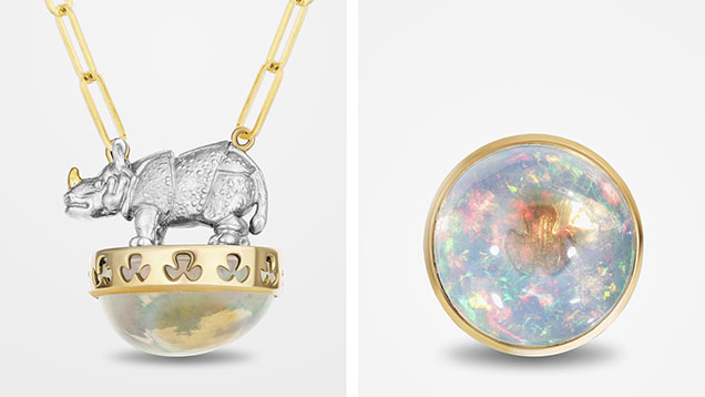Figure 1. A platinum and 18K yellow gold Asian rhinoceros necklace (left), set with a round Australian opal cabochon showcasing a reproduction of the critically endangered animal’s footprint (right), part of the “Fading Footprints” collection. Courtesy of Samira Mazloom. Figure 1. A platinum and 18K yellow gold Asian rhinoceros necklace (left), set with a round Australian opal cabochon showcasing a reproduction of the critically endangered animal’s footprint (right), part of the “Fading Footprints” collection. Courtesy of Samira Mazloom.