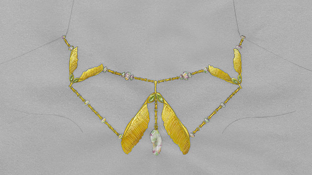 Catherine “Cathy” Aulick’s winning necklace design sketch for the 2025 Gianmaria Buccellati Foundation Award for Excellence in Jewelry Design, featuring gold, Ethiopian opal, and peridot.