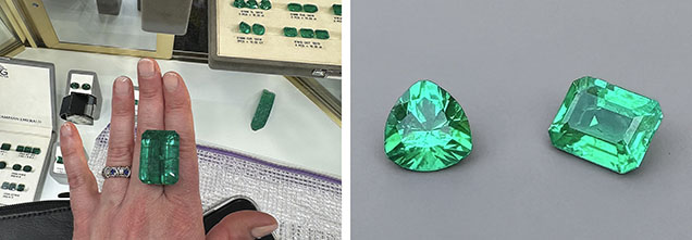 Figure 2. Laboratory-grown emeralds with color and overall appearance imitating Colombian emerald. Left: A 66.57 ct rectangular step cut measuring 30 × 22 mm. Right: A 1.72 ct trillion and a 2.20 ct rectangular step cut. Photos by Jennifer Stone-Sundberg; courtesy of RG Crystals.