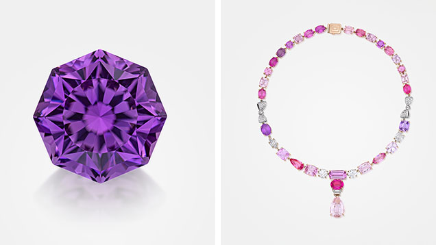Figure 6. AGTA Buyer’s Choice Award winners. Cutting Edge Award (left): Ben Kho, 35.25 ct pink-purple octagonal-cut kunzite. Spectrum Award (right): Mimi So, 18K rose gold “Cotton Candy” necklace featuring a 16.71 ct pink pear-shaped kunzite, 4.05 ct vivid pink spinel, and 5.65 ct imperial topaz accented by sapphires, spinels, tourmalines, and diamonds. Photos by Jeff Mason Photography/AGTA; courtesy of Kho International Ltd. (left) and Mimi So (right).