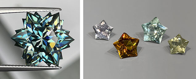 Figure 9. Left: 14.80 ct blue moissanite “Snowflake”; courtesy of Wobito. Right: Star-cut Montana sapphire in lilac and light yellow (4 mm each), Nigerian beryl in neon blue (5 mm), and orange Madeira citrine (5 mm). Photo by Jennifer Stone-Sundberg; courtesy of Columbia Gem House.
