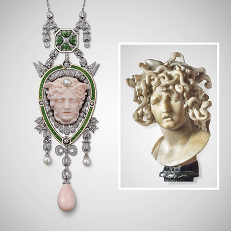 Figure 4. Left: “Head of Medusa” pendant, Cartier Paris, 1906. This pendant incorporating a Medusa head in a garland-style setting is characteristic of the stylistic transitions that took place under Louis Cartier. The cameo and tear-shaped drop are made from angel skin coral, with round old- and rose-cut diamonds, green and white enamel, and natural pearls, set in platinum and gold. Right: “Medusa,” Gian Lorenzo Bernini, 1644–1648. Marble. Courtesy of the Cartier collection (left) and the Capitoline Museums, Palazzo dei Conservatori, Rome (right).