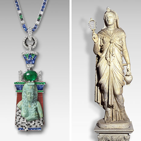 Figure 7. Left: “Egyptian necklace,” Cartier Paris, 1927–1928. Egyptian faience featuring diamonds, sapphires, emeralds, carnelian, turquoise, and onyx set in platinum and gold. This statuette of Isis nursing Horus comes from Cartier’s stock of apprêts, containing fragments from disassembled jewelry, watches, and other ancient objects. Right: Isis, second century CE. Marble. Courtesy of the Cartier collection (left) and the Capitoline Museums, Palazzo Nuovo, Rome (right).