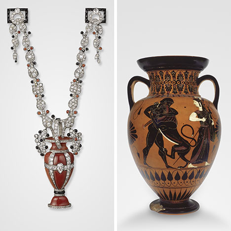 Figure 9. Left: Brooch/pendant, Cartier Paris, 1922. Pear-shaped, round old- and rose-cut diamonds, coral, and onyx set in platinum. The vase can be worn alone as a brooch or on a cord. Right: Black figure Attic amphora (vase), 550–500 CE, showing Hercules fighting the Nemean lion in the presence of Athena. Terra-cotta. Courtesy of the Cartier collection (left) and the Capitoline Museums, Centrale Montemartini, Rome (right).