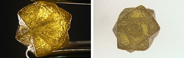 Left: The twinned 0.37 ct diamond displays a vivid orangy yellow color. Right: The intersection of cuboid crystals is clearly observed from this view. Photomicrographs by Taryn Linzmeyer; field of view 7.19 mm.