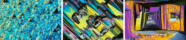 Figure 12. False-color DIC images of typical surface textural features in rough diamond. These include trigons (A), hillocks (B), and tetragons (C). Photomicrographs by Nathan Renfro; fields of view 0.72 mm (A), 1.44 mm (B), and 2.88 mm (C).