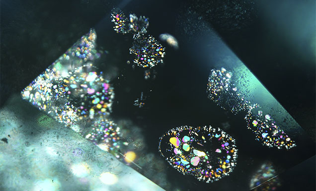 Iridescent thin films in aquamarine viewed with fiber-optic illumination. Photomicrograph by Michaela Damba; field of view 7.19 mm.