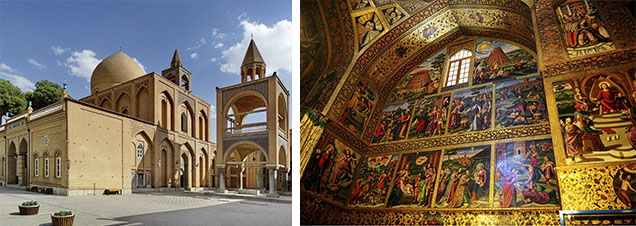 Figure 11. The churches and monasteries of New Julfa were mostly built with support from the merchant community and reflected their affluence. All Savior’s Monastery (left) combines a dome similar to Islamic architectural styles with exquisite frescoes and gilded carvings (right). Scenes depict Creation, the life of Jesus, the suffering of Armenian martyrs, and floral motifs. Photos by Rasool Abbasi, courtesy of Wikimedia Commons (left), and Nane Khachatryan (right).