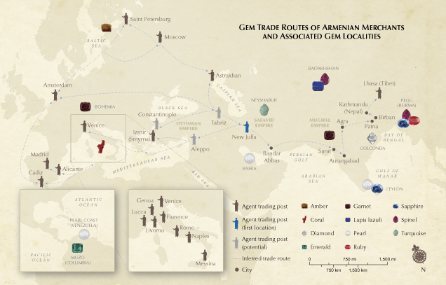 Figure 12. This map illustrates the principal trading posts of the Mirman family’s commenda agents across Eurasia, as currently known from available archival evidence, as well as possible sources of the traded gems. This reconstruction remains provisional and will likely expand as further study of the family’s commercial history is undertaken.