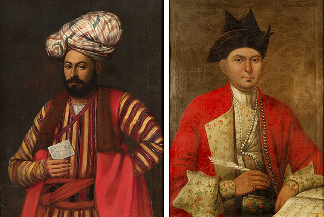 Figure 13. Wealthy Armenian merchants combined European and Islamicate fashions to suit different social and commercial contexts. While frequently wearing silk turbans (left), they were also recognizable in bazaars and port cities by their triangular-shaped hats (right). The left image depicts Melcon di Nazar, a seventeenth-century Armenian merchant, while the portrait on the right shows a mid-eighteenth-century equivalent in Amsterdam. Courtesy of a private collection and Sebouh Aslanian (left) and Merujan Karapetyan (right).