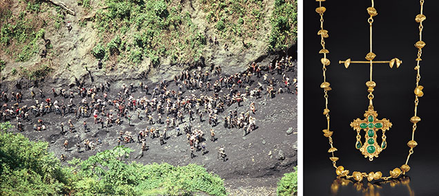 Figure 16. Left: Colombia’s Muzo mine has produced high-quality emeralds since the mid-sixteenth century. Photo by Peter Keller. Right: The emerald gold rosary, recovered from the wreckage of the Nuestra Señora de Atocha, showcases the craftsmanship of Spanish jewelers and provides a “time capsule” for historians and gemologists studying colonial wealth and trade. Photo by Robert Weldon; courtesy of Ellen Weatherbee.