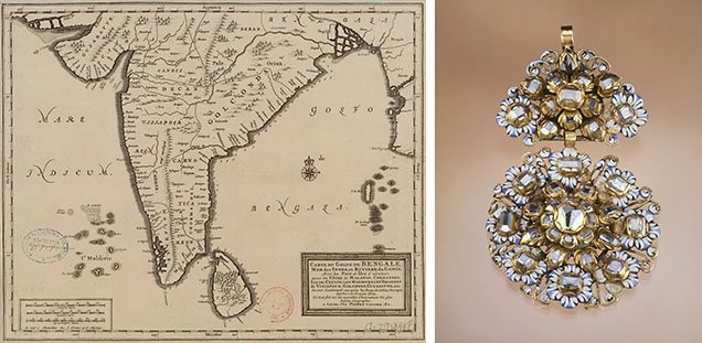 Figure 17. Left: Until diamonds were discovered in Brazil around 1725, India’s Golconda mines were virtually the only source. Golconda’s diamonds were crucial to the British East India Company trade and were coveted by Mughal emperors and European royalty alike. Courtesy of the National Library of France. Right: This European gold and enamel hat ornament from the 1600s, accented with table-cut diamonds likely recovered from the Golconda mines, shows how these gems also adorned more modest pieces. Photo by Harold and Erica Van Pelt; courtesy of a private collection.
