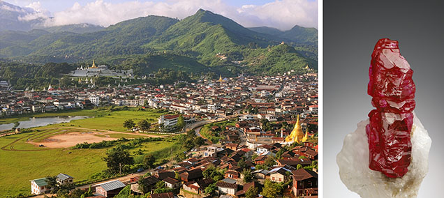 Figure 20. Left: The town of Mogok and its rubies were already legendary in the 1600s. These luxury gems—prized for their color, clarity, and mystical properties—became emblems of power and wealth, highly coveted by Indian Mughal emperors and European royalty alike. Photo by Vincent Pardieu. Right: This fine Mogok ruby crystal originates from the same famous mines. With the strong demand for ruby in finished jewelry pieces, it is rare to find high-quality specimens intact. Photo by Robert Weldon; courtesy of Bill and Jeanne Larson.