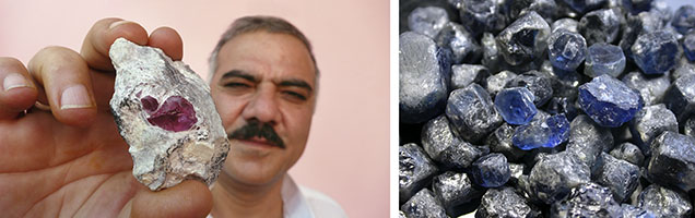 Figure 22. Gregorio di Girach-Mirman’s gemstone inventory very likely contained ruby and sapphire sourced from Central Asian mines. Possible sources include the ruby mines of Jegdalek, Afghanistan, which still supply the gem market in Kabul today (left), and the sapphire deposits of Afghanistan’s Badakhshan Province, which reportedly provided the modern examples shown on the right. Photos by Vincent Pardieu.