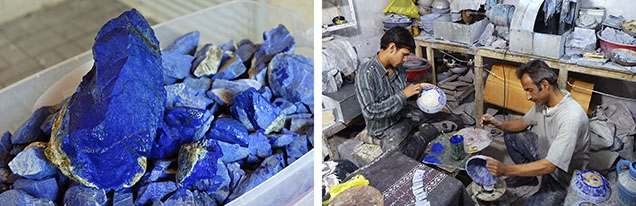 Figure 26. Left: The lapis lazuli in Gregorio di Girach-Mirman’s inventory undoubtedly came from the mines of Sar-e-Sang in Afghanistan’s Badakhshan Province, the source of these modern examples. Photo by Eric Welch. Right: In Kabul today, these artisans fabricate lapis-inlaid bowls, the same type of work Mirman’s agents would have encountered along this stretch of early modern trade routes. Photo by Vincent Pardieu.