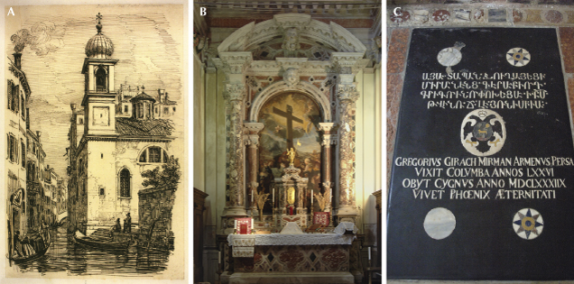 Figure 6. A: An ink-on-paper drawing of Santa Croce degli Armeni (Holy Cross Armenian Church) by Giovanni Pividor, a nineteenth-century Venetian painter and draftsman. This church symbolizes the close relationship between the Republic of Venice and the Armenian merchant community. Courtesy of Museo Correr, Venice. B: The church’s interior features biblical scenes, as well as a depiction of the baptism of Armenian king Tiridates III by St. Gregory the Illuminator. C: Within the church, the tombstone of Gregorio di Girach-Mirman bears the family coat of arms. Photos by Sona Tajiryan (B and C).