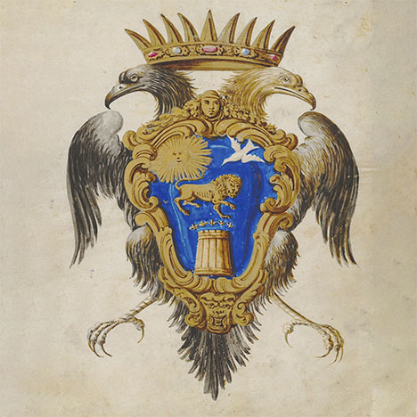 Figure 7. The Girach-Mirman family coat of arms features a double-headed eagle surmounted by a gem-studded crown, alongside the Persian Lion and Sun emblem, long recognized as a central symbol of Iran, as well as the beehive symbolizing the wealth of the family capital. Courtesy of the Matenadaran State Repository of Ancient Manuscripts, Manuscript 372.