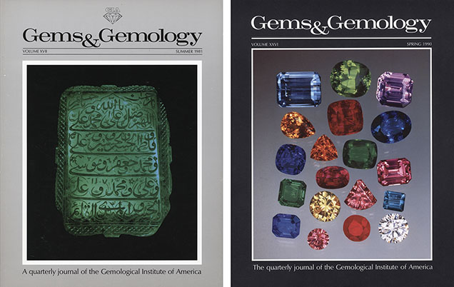Figure 2. Left: The Van Pelts’ first G&G cover (Summer 1981) featuring the 217.8 ct engraved Mogul emerald. Right: Taken in a single shot, these gemstones demonstrate the Van Pelts’ ability to accurately capture color (Spring 1990). Photos by Harold & Erica Van Pelt. Figure 2. Left: The Van Pelts’ first G&G cover (Summer 1981) featuring the 217.8 ct engraved Mogul emerald. Right: Taken in a single shot, these gemstones demonstrate the Van Pelts’ ability to accurately capture color (Spring 1990). Photos by Harold & Erica Van Pelt.