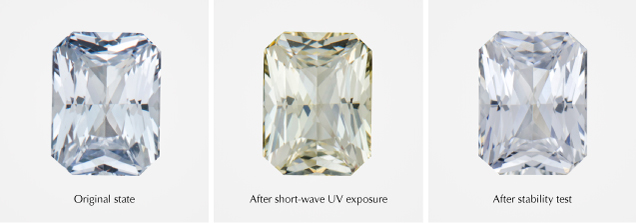 Figure 1. Reversible photochromism in a 2.38 ct heat-treated Sri Lankan sapphire. Exposure to short-wave ultraviolet radiation for 30 to 40 seconds produced a temporary yellow color. After approximately six hours under GIA color-stability testing conditions, the stone returned to an appearance similar to its original very light blue coloration. Photos by Lhapsin Nillapat. Figure 1. Reversible photochromism in a 2.38 ct heat-treated Sri Lankan sapphire. Exposure to short-wave ultraviolet radiation for 30 to 40 seconds produced a temporary yellow color. After approximately six hours under GIA color-stability testing conditions, the stone returned to an appearance similar to its original very light blue coloration. Photos by Lhapsin Nillapat.
