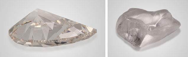 Figure 1. The 5.22 ct very light pinkish brown pear brilliant diamond (left) and the originally submitted 11.07 ct rough (right). Figure 1. The 5.22 ct very light pinkish brown pear brilliant diamond (left) and the originally submitted 11.07 ct rough (right).