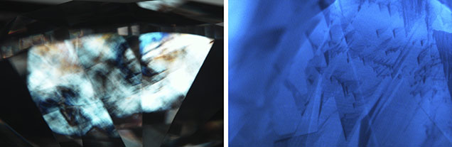Figure 3. Left: Mottled strain patterns with high interference colors observed under cross-polarized light. Photomicrograph by Christopher Vendrell; field of view 7.19 mm. Right: DiamondView fluorescence image showing crystal growth patterns and the blue color commonly observed in type IaAB diamonds. Figure 3. Left: Mottled strain patterns with high interference colors observed under cross-polarized light. Photomicrograph by Christopher Vendrell; field of view 7.19 mm. Right: DiamondView fluorescence image showing crystal growth patterns and the blue color commonly observed in type IaAB diamonds.
