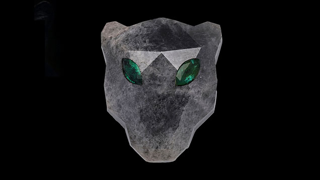This piece, a diamond cut into the shape of a panther face and set with two natural Zambian emeralds, has a total weight of 67.18 ct. Photo by Gourav Bera. This piece, a diamond cut into the shape of a panther face and set with two natural Zambian emeralds, has a total weight of 67.18 ct. Photo by Gourav Bera.