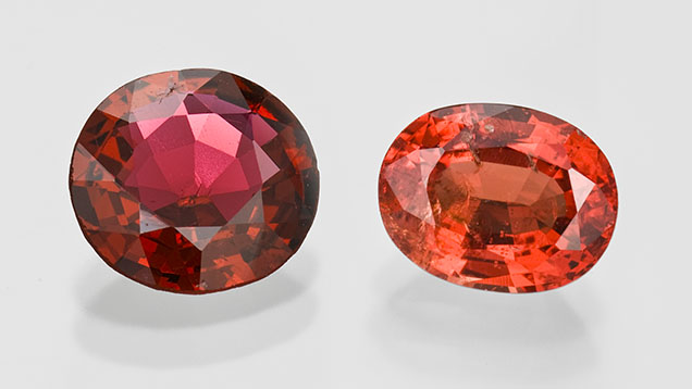 Figure 1. Gem-quality spinel, such as these red (3.31 ct) and orange (2.53 ct) examples from Mogok, Myanmar, have increased in popularity in recent years. Photos by Robert Weldon; courtesy of GIA’s Dr. Edward J. Gübelin collection (left) and Pillar & Stone International (right). Figure 1. Gem-quality spinel, such as these red (3.31 ct) and orange (2.53 ct) examples from Mogok, Myanmar, have increased in popularity in recent years. Photos by Robert Weldon; courtesy of GIA’s Dr. Edward J. Gübelin collection (left) and Pillar & Stone International (right).