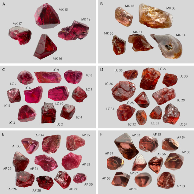 Figure 3. Representative red (left) and orange (right) spinel samples from Mogok (A: 0.19–0.60 ct and B: 0.35–2.59 ct), Lang Chap (C: 0.33–0.54 ct and D: 0.31–2.82 ct), and An Phu (E: 0.42–4.31 ct and F: 0.24–1.55 ct). Photos by Boonyapak Aksorn. Figure 3. Representative red (left) and orange (right) spinel samples from Mogok (A: 0.19–0.60 ct and B: 0.35–2.59 ct), Lang Chap (C: 0.33–0.54 ct and D: 0.31–2.82 ct), and An Phu (E: 0.42–4.31 ct and F: 0.24–1.55 ct). Photos by Boonyapak Aksorn.