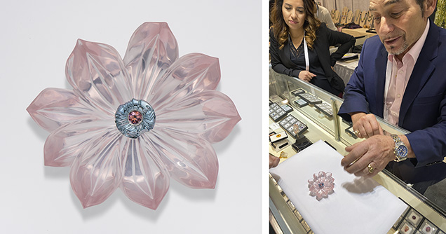 Figure 2. A 322.72 ct Madagascar rose quartz lotus flower carving with grayish blue and padparadscha Montana sapphires in the center (5.56 and 0.65 ct, respectively), shown by the artist, Glenn Lehrer. Left photo by Robert Weldon/GIA, courtesy of Glenn Lehrer; right photo by Jennifer Stone-Sundberg.