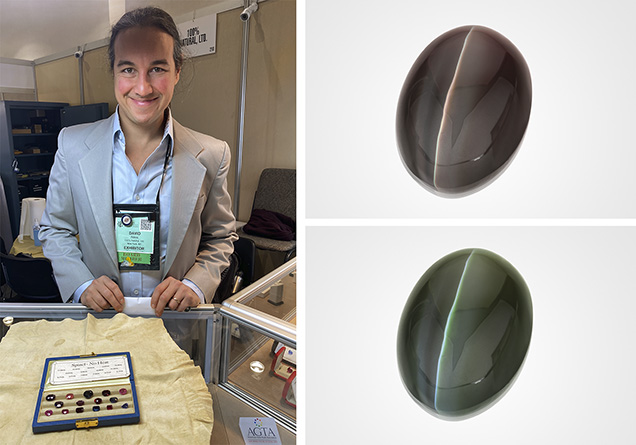 Figure 3. Left: David Nassi of 100% Natural, Ltd. showing a collection of unheated spinels he has recut, ranging in size from 7.10 to 18.53 ct. Photo by Jennifer Stone-Sundberg. Right: A 14.49 ct cat’s-eye alexandrite from Sri Lanka cut by Nassi, showing reddish brown to green color change. Photos by Emily Lane; courtesy of David Nassi.