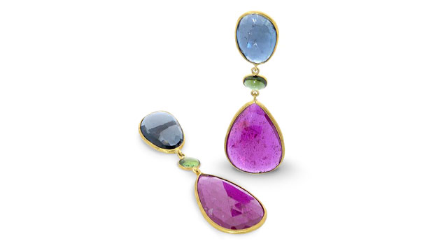 364_636x358. These 18K yellow gold earrings are from the “Gold Rush” collection – they feature blue topaz, green tourmaline and ruby. Photo by Sandra Stampfli, courtesy Bahina Jewels