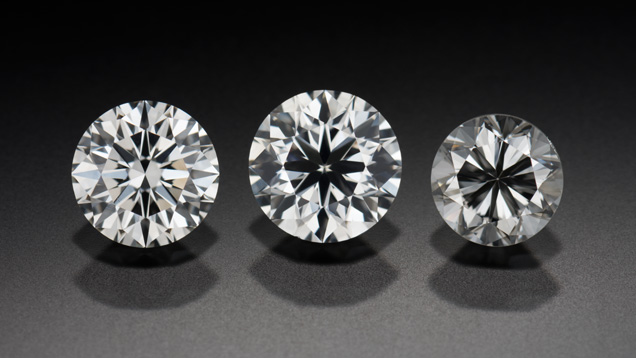 These diamonds show the difference cut can make in how your diamond looks. The diamond on the left has an excellent cut grade, the one in the middle a good cut grade and the one on the right a poor cut grade. These diamonds show the difference cut can make in how your diamond looks. The diamond on the left has an excellent cut grade, the one in the middle a good cut grade and the one on the right a poor cut grade.