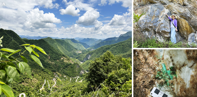 Figure 4. The Zhen’an emerald mines are located in the South Qinling Belt. A: En route to emerald mines in the Qinling Mountains. B: Author Xiao-Yan Yu points to the quartz vein outcrop. C: Columnar emerald aggregate with green mica in the quartz vein. Photos by Yi Guo (A and B) and Xiao-Yan Yu (C). Figure 4. The Zhen’an emerald mines are located in the South Qinling Belt. A: En route to emerald mines in the Qinling Mountains. B: Author Xiao-Yan Yu points to the quartz vein outcrop. C: Columnar emerald aggregate with green mica in the quartz vein. Photos by Yi Guo (A and B) and Xiao-Yan Yu (C).
